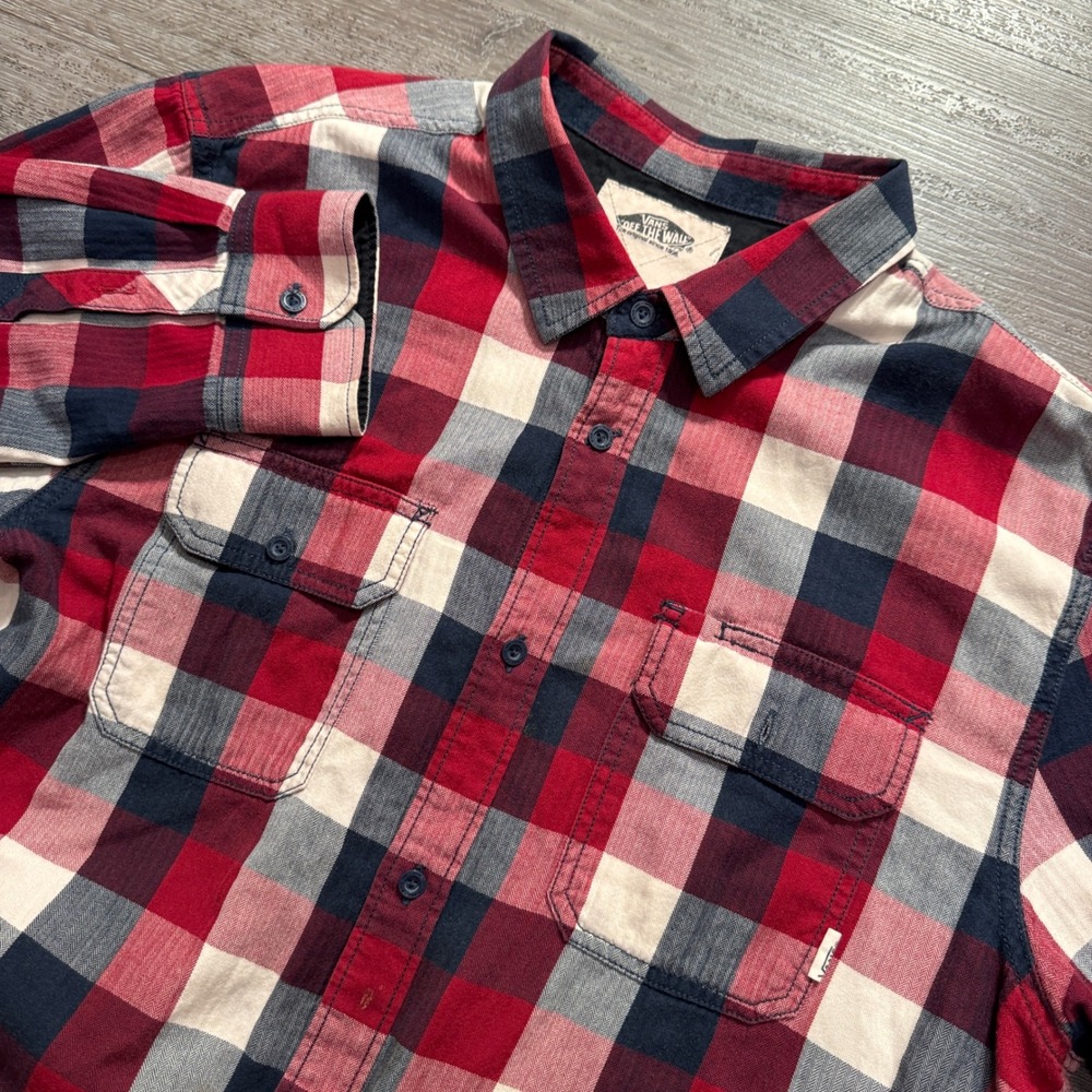 Vans Flannel Shirt Mens XL Red Blue Plaid 100% Cotton Herringbone Skate Workwear
